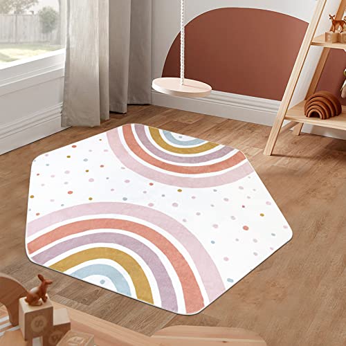 STARUIA Regenbogen-Kinderteppich, Spielteppich, 140x119 cm, für Schlafzimmer, sechseckig, waschbar, für Spielzimmer, Zelt, Schloss, rutschfester Kinderzimmerteppich, Klassenzimmer, Wohnheim von STARUIA