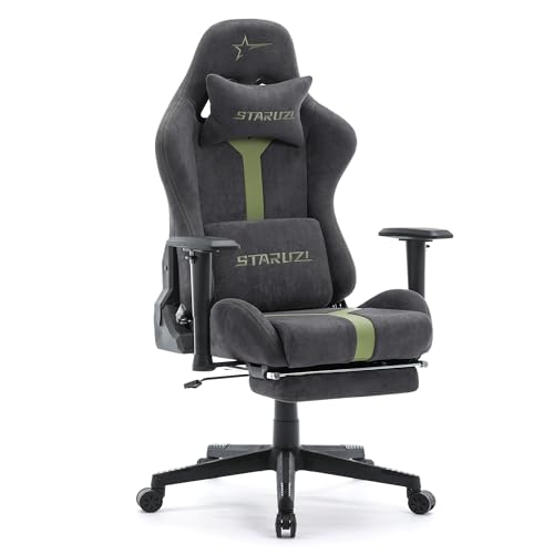 STARUZI Gaming Stuhl aus Wildlederimitat Stoff, Ergonomischer PC Stuhl, Gamer Stuhl mit Fußstütze, Atmungsaktiver Game Drehsessel mit Verstellbare Armlehne, Grau-Grün von STARUZI
