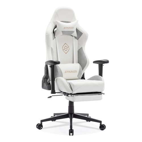STARUZI Gaming Stuhl Weiß Leder, Mikrofaser-Leder Gaming Chair mit Fußstütze, Racing Gamer Stuhl mit verstellbare Armlehnen, Lendenkissen, Kopfkissen,180 kg Belastbarkeit von STARUZI