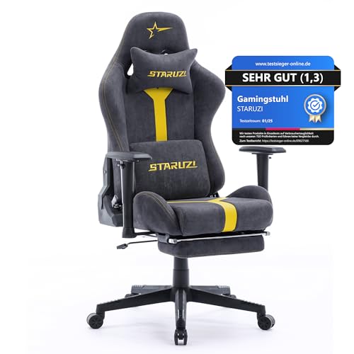 STARUZI Gaming Stuhl aus Wildlederimitat, Ergonomischer PC Stuhl, Gaming Stuhl mit Fußstütze, Atmungsaktiver Game Drehsessel mit Verstellbare Armlehne,Grau-Yellow von STARUZI