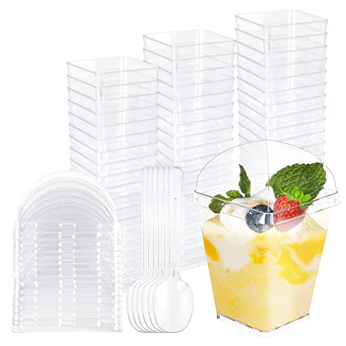 STARVAST 100 Stück Desserttassen mit Deckel und Löffeln, 150ML/5OZ Quadratischer Dessertbechern Set, Wiederverwendbar Plastik Dessertbecher für Dessertparty Pudding Mousse Eis von STARVAST