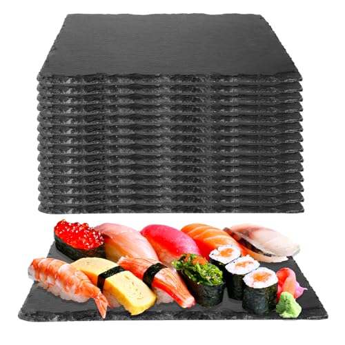 STARVAST 15er-Set Schieferplatte Servierplatte 25 x 15 cm mit Kreidestift - Perfekt als Frühstücksbrett, Servierplatte, Serviertablett, Schieferplatten fürs Buffet, Sushi - Zum Anrichten und als Deko von STARVAST