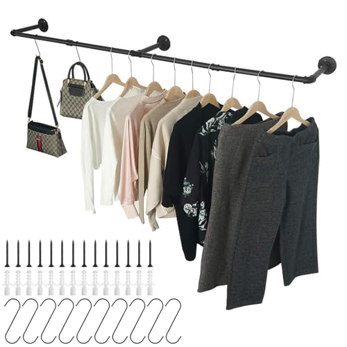 STARVAST Industrierohr Kleiderstangen,180cm Kleiderbügel für die Wand, Platzsparenders Wandregal Küchenregal mit 3 Basen, für Geschäft, Schwarz, 1-Pack von STARVAST