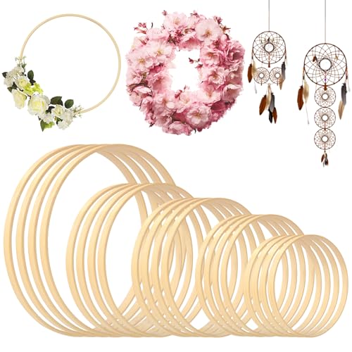 STARVAST 20 Stück 5 Größen Holzringe zum Basteln, Bambus Holz Ringe Hoops Set für Makramee, Traumfänger, Blumenkranz Türkranz, Wandbehang Fensterdeko DIY Set (13cm, 15cm, 18cm, 20cm, 26m) von STARVAST