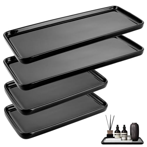 STARVAST 4 Stück Badezimmer Tablett Schwarz Dekotablett Deko Tablett, Keramik Ablageschale Kleines Tablett für Tücher, Kerzen, Handtuch, Seife, Kosmetik, Pflanze (Rechteck) von STARVAST