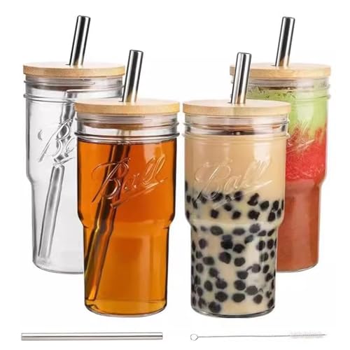 STARVAST 4 Stück Trinkgläser mit Bambusdeckel und Strohhalm, 720 ml/ 24 oz Glasbecher, Longdrinkgläser, Wiederverwendbare Boba Cup, Eiskaffee Tassen, Mason Jar Trinkgläser, Smoothie Juice Cup Flasche von STARVAST