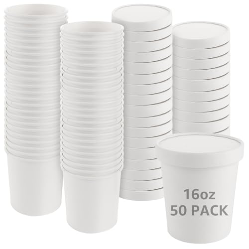 STARVAST 50 Stück Suppenbecher to Go mit Deckel 16 oz /480 ml Suppenbecher Pappe To Go Weiß, Eisbecher Speisebecher Pappe für Suppe Lebensmittel von STARVAST