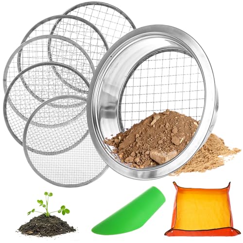 Starvast Edelstahl Bodensieb für Gartenarbeit Schmutzsieb Kompostsieb mit 5 austauschbaren Maschen Durchmesser 1/3/6/9/12mm, für Kompost Unkraut Sand Katzenstreu Bonsai mit Pflanzmatte, Schaufel von STARVAST