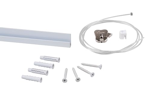 STAS Bilderschiene – Bilderaufhängesysteme/Fotorahmen/Poster – Galerieschiene – J-rail + Zylinderhaken + Perlonseil mit Gleiter 150 cm + Zipper Bilderhaken von STAS Picture Hanging Systems