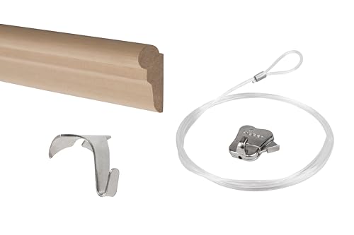 STAS Bilderschiene aus Holz - Bilderaufhängesysteme/Bilderrahmen/Poster - Galerieschiene - Windsor 120cm + Randleisten Haken Alu + Perlonseil mit Ösen 150cm + Zipper Bilderhaken (Komplettset) von STAS Picture Hanging Systems