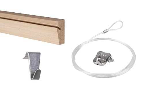 STAS Bilderschiene aus Holz – Bilderaufhängesysteme/Fotorahmen/Poster – Aufhängeschienen – Riva 120 cm + Riva Haken + Perlonseil mit Ösen 150 cm + Zipper Bilderhaken (komplettes Set) von STAS Picture Hanging Systems