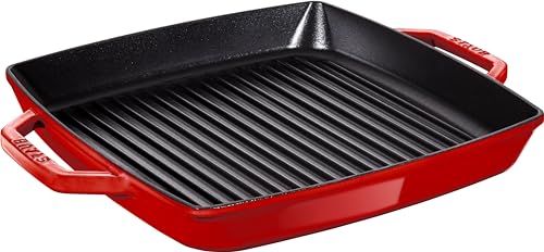 STAUB Gusseisen Grillpfanne mit zwei Griffen, Induktionsgeeignet, Quadratisch, 28 cm, Kirschrot von STAUB