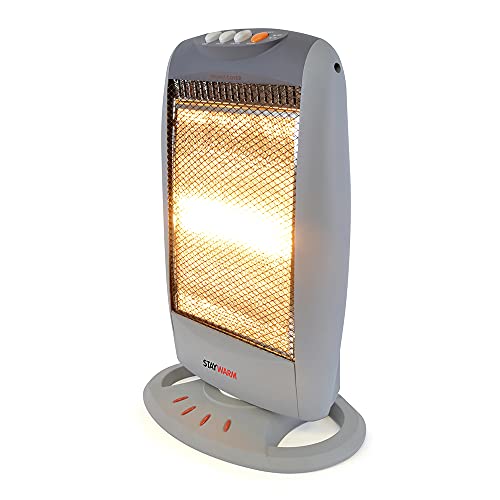 STAYWARM 1200 W 3 Bar Kompakt-Halogenstrahler mit 3 Heizstufen, 90 Grad Oszillation, Sicherheits-Kippschalter, Tragegriff – F2106GR – Grau von STAYWARM