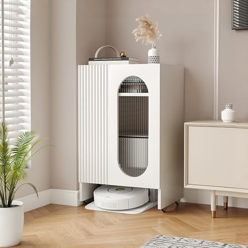 Roboter-staubsaugerschrank Mit Rädern, Kehrroboter-Lagerregal Mit Tür Aus Glas, Mit Akzent-Beistelltischen Mit Offenem Sockel Für Wohnzimmer Und Schlafzimmer(White 1) von STCERY