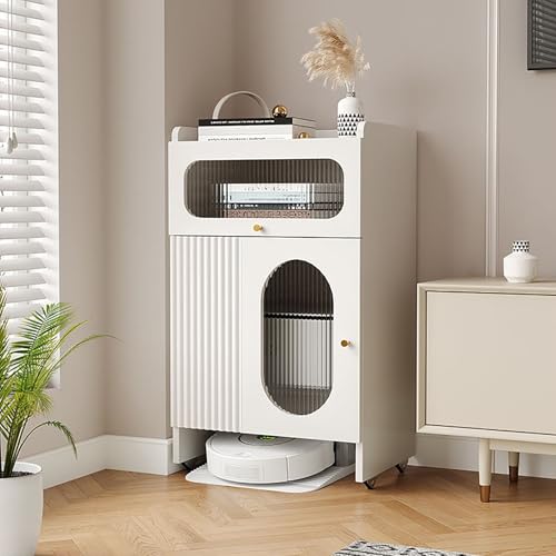 Roboter-staubsaugerschrank Mit Rädern, Kehrroboter-Lagerregal Mit Tür Aus Glas, Mit Akzent-Beistelltischen Mit Offenem Sockel Für Wohnzimmer Und Schlafzimmer(White 2) von STCERY
