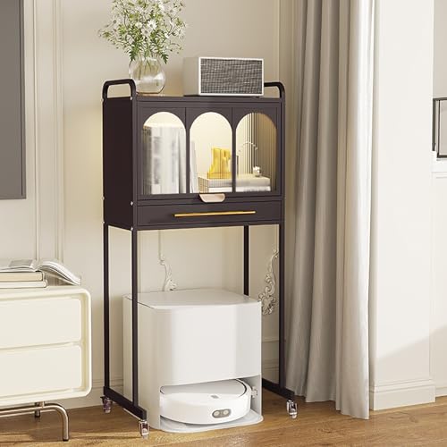 Roboter-staubsaugerschrank Mit Tür, Hoher Beistelltisch Mit Schubladen Und Rädern, Saugroboter Ständer Staubsauger, Flexible Mobilität, Für Wohnzimmer Und Zuhause(Black 1) von STCERY
