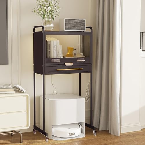 Roboter-staubsaugerschrank Mit Tür, Hoher Beistelltisch Mit Schubladen Und Rädern, Saugroboter Ständer Staubsauger, Flexible Mobilität, Für Wohnzimmer Und Zuhause(Black 2) von STCERY