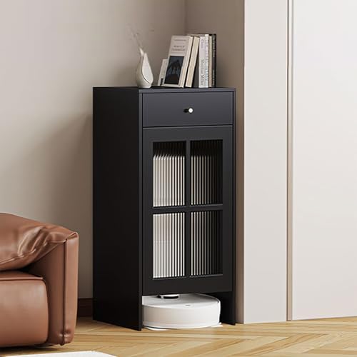 STCERY Holz Roboter-Staubsaugerschrank, Multifunktionaler Moderner Staubsauger-Aufbewahrungsständer, Freistehendes Roboterregal Aus Holz, Mit Türen Und Schubladen(Black,40cm/15.7in) von STCERY