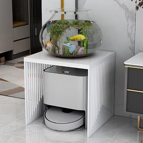 STCERY Metall-Roboter-Staubsaugerschrank, Kehrreiniger-Ständer, Boden-Beistelltisch-Aufbewahrungsständer, Fischtank-Regalschrank, Schiefer-Tischplatte, Lackierung(White,63cm/24.8in) von STCERY