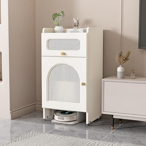 STCERY Rollregal Für Roboterstaubsauger, Staubsaugerschrank Mit Rädern, Organizer-Ständer Mit Rattan-Schranktür, Beistelltisch Für Das Home Office, Platzsparend(92 * 40cm/36.2 * 15.7in) von STCERY