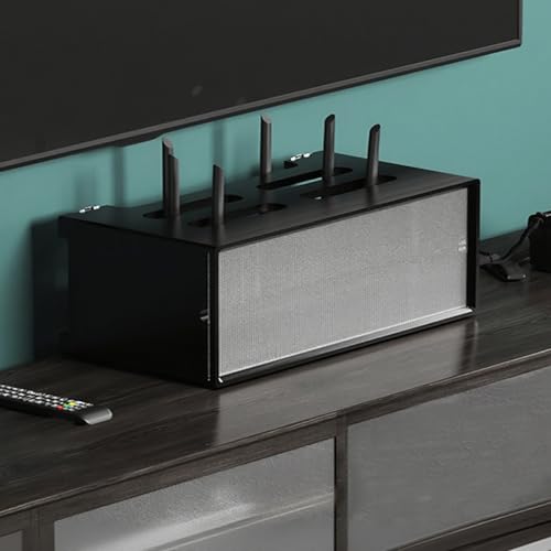 STCERY Router-Aufbewahrungsbox Aus Holz, WLAN-Router-Schrank, Lagerregale, Medienkonsole, WLAN-Box-Versteck, Mit Glasschiebetür, Keine Montage Erforderlich(Black,55 * 13cm/21.6 * 5.1in) von STCERY