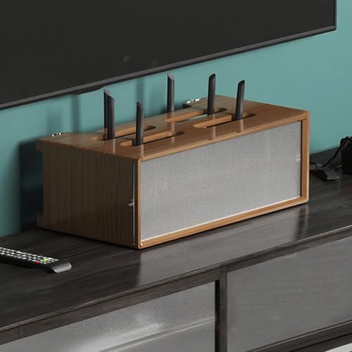 STCERY Router-Aufbewahrungsbox Aus Holz, WLAN-Router-Schrank, Lagerregale, Medienkonsole, WLAN-Box-Versteck, Mit Glasschiebetür, Keine Montage Erforderlich(Brown,45 * 20cm/17.7 * 7.9in) von STCERY