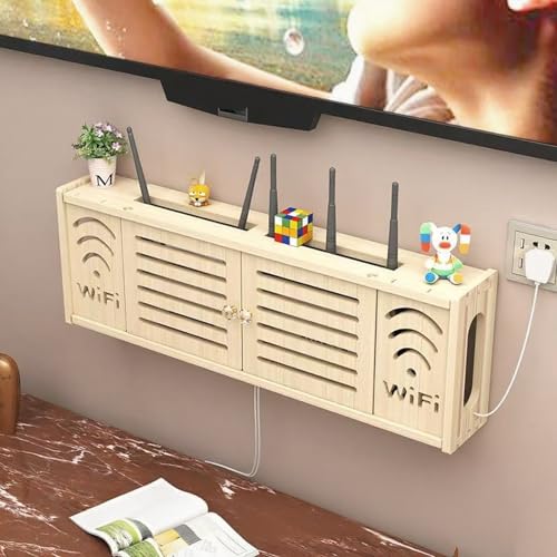 STCERY WLAN-Router Aufbewahrungsbox, Hängender Medienschrank Aus Holz, Kabelmanagement-Versteckregal, Unsichtbarer Aufbewahrungs-Organizer, Belüftung Und Wärmeableitung(Beige 1,71cm/27.9in) von STCERY