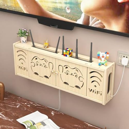 STCERY WLAN-Router Aufbewahrungsbox, Hängender Medienschrank Aus Holz, Kabelmanagement-Versteckregal, Unsichtbarer Aufbewahrungs-Organizer, Belüftung Und Wärmeableitung(Beige 2,71cm/27.9in) von STCERY