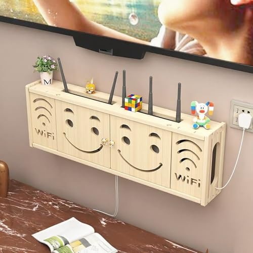 STCERY WLAN-Router Aufbewahrungsbox, Hängender Medienschrank Aus Holz, Kabelmanagement-Versteckregal, Unsichtbarer Aufbewahrungs-Organizer, Belüftung Und Wärmeableitung(Beige 3,71cm/27.9in) von STCERY