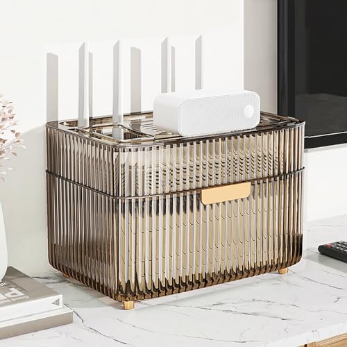 STCERY WiFi-Router-Aufbewahrungsschrank, WiFi-Box-Hider-Rack, Desktop-Netzwerkgeräte-Organizer, Mehrschichtige Aufbewahrungsbox, Blockiert Keine Signale, Home-Office-Dekoration(Brown,20cm/7.9in) von STCERY