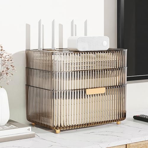 STCERY WiFi-Router-Aufbewahrungsschrank, WiFi-Box-Hider-Rack, Desktop-Netzwerkgeräte-Organizer, Mehrschichtige Aufbewahrungsbox, Blockiert Keine Signale, Home-Office-Dekoration(Brown,26cm/10.2in) von STCERY