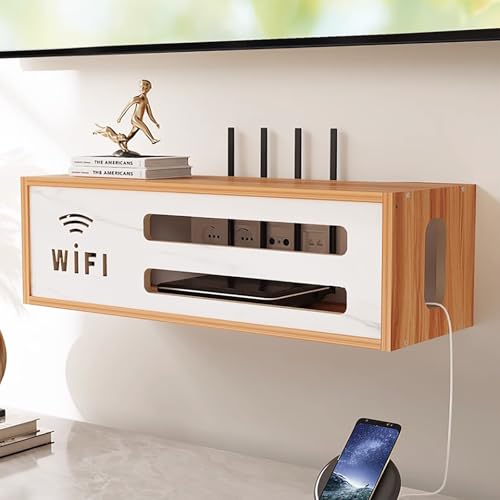 WiFi Box Hider Organizer, Router-Aufbewahrungsschrank Aus Holz, An Der Wand Montierte Medien-Aufbewahrungsbox, Starke Tragfähigkeit, Für Schlafzimmer, Büro Und Zuhause(Beige 1) von STCERY