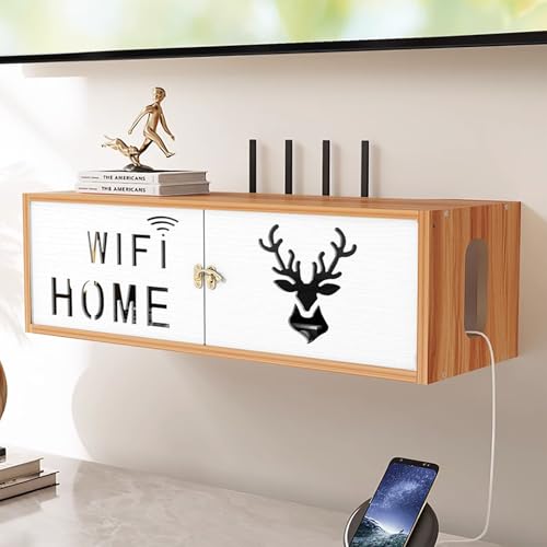 WiFi Box Hider Organizer, Router-Aufbewahrungsschrank Aus Holz, An Der Wand Montierte Medien-Aufbewahrungsbox, Starke Tragfähigkeit, Für Schlafzimmer, Büro Und Zuhause(Beige 2) von STCERY