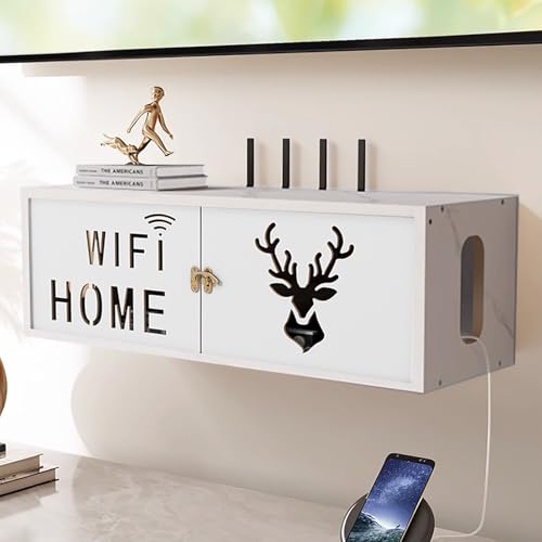 WiFi Box Hider Organizer, Router-Aufbewahrungsschrank Aus Holz, An Der Wand Montierte Medien-Aufbewahrungsbox, Starke Tragfähigkeit, Für Schlafzimmer, Büro Und Zuhause(White 2) von STCERY