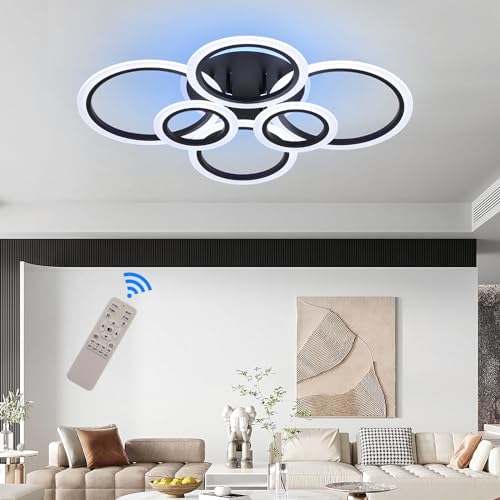 STCH Deckenlampe LED Deckenleuchte, Kronleuchter Modern Wohnzimmer Lampe Decke 80W Dimmbar,Schlafzimmerlampe 6 Rund mit Fernbedienung Multifunktional Deckenbeleuchtung für Flur Küche Balkon,Schwarz von STCH