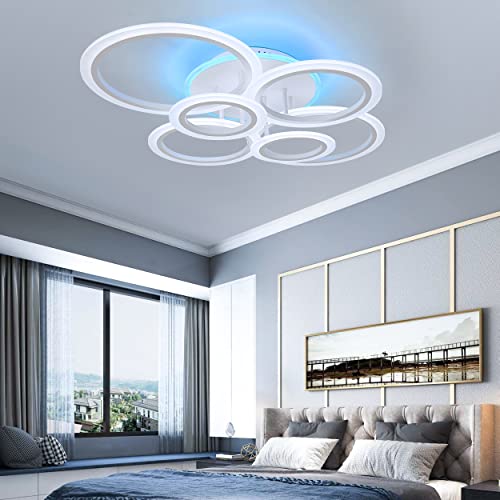 STCH Deckenlampe LED Deckenleuchte, Kronleuchter Modern Wohnzimmer Lampe Decke Weiß, Schlafzimmerlampe 6 Rund mit Fernbedienung Multifunktional Deckenbeleuchtung für Flur Küche Balkon,Dimmbar,80W von STCH