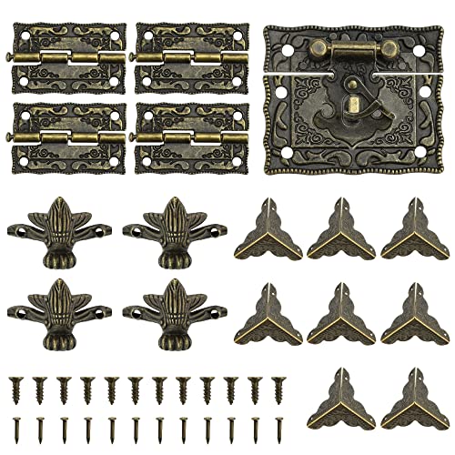 Antike Beschläge Set, STCRERAG 1 Stück Antik Truhenbeschläge 4 Stück Scharnier 4 Stück Dekorativer Ecke Fuß mit 8 Stück Vintage Schutzecken Dauerhaft Alte Beschläge für Truhen Vintage-Holzkisten von STCRERAG