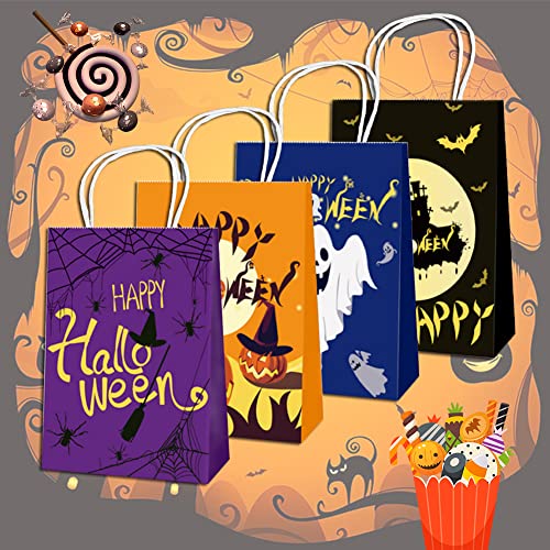 Halloween Süßigkeiten Tüten, STCRERAG 12 Stück Halloween Tütchen Kraftpapier Halloweentüten mit Tragegriff Tragbar Candy Tüten 21 * 16cm Halloween Partytüten für Süßigkeiten Kekse Schokolade von STCRERAG