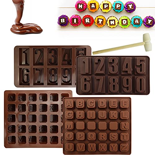 STCRERAG 4 Stücke Silikon Silikonform Buchstaben Einzeln Schokoladen Buchstaben Und Zahlen 3D Buchstabenform Silikon DIY Schokoladenbuchstaben Bonbon Silikonbuchstabenform mit Holzhammer für Süßigkeit von STCRERAG