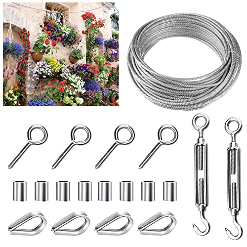 STCRERAG Drahtseil Edelstahl Set Rankhilfe Seilspannsystem Stahlseil mit Spannschloss Drahtseilklemmen DIY Draht Seil Klemme Schloss Haken Edelstahlseil Karabinerhaken mit Seil Ösenschraube Karabiner von STCRERAG