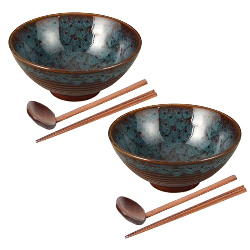 STE-CER Japanisches Ramenschüssel-Set aus Keramik mit Essstäbchen, 20,3 cm, 1,134 ml, Pho Schalen und asiatische Suppenschüssel und Löffel, Set für Udon-Nudeln, Soba, Miso-Suppe, 2 Stück (Pfauengrün) STE-CER Japanisches Ramenschüssel-Set aus Keramik mit Essstäbchen, 20,3 cm, 1,134 ml, Pho Schalen und asiatische Suppenschüssel und Löffel, Set für Udon-Nudeln, Soba, Miso-Suppe, 2 Stück (Pfauengrün) von STE-CER