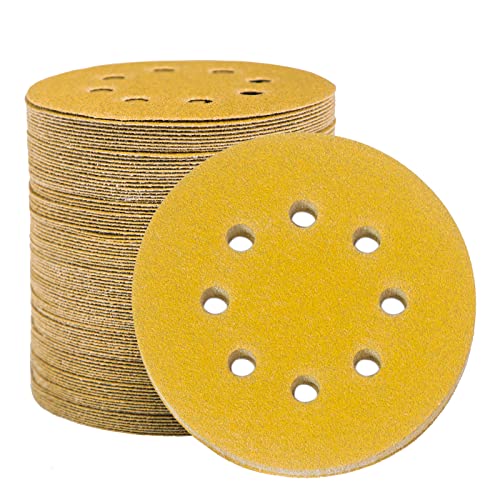 STEBRUAM 100 Stück Schleifpapier 125mm Klett 80 Körnung, Profi Gold Rund 8 Loch Schleifscheiben für Exzenterschleifer,Für Holz Metall und Farbe von STEBRUAM