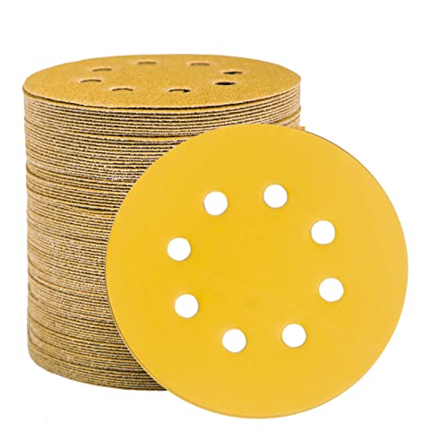 STEBRUAM 100 Stück Schleifpapier 125mm Klett 800 Körnung, Profi Gold Rund 8 Loch Schleifscheiben für Exzenterschleifer,Für Holz Metall und Farbe von STEBRUAM