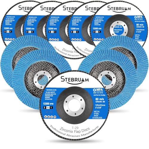 STEBRUAM Fächerscheiben, 10 Stück Fächerschleifscheibe Lamellenscheiben Schleifscheiben Schleifmopteller 125 mm Körnung 80 für Akku Winkelschleifer GWS, BTI, Metall und Holz fächerscheibe 125 (Blau) von STEBRUAM
