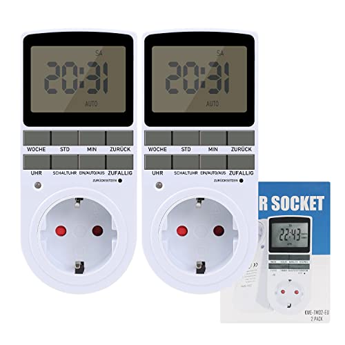 Digital Zeitschaltuhr, Elektrische Zeitschaltuhr Steckdose mit LCD-Anzeige Deutsche System und Tasten mit 10 konfigurierbare Programme 12/24h Modus für Steckdose, Licht (2 Stück) von STEEIRO