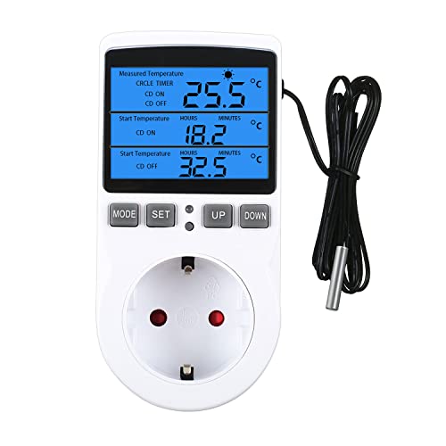Digitaler Temperaturregler Temperaturschalter 230V mit Timer und Sonde Steckdosenthermostat Schalter für Gewächshaus Aquarium Treibhaussaatkeimung Heizung Kühlung(Mit Blau Ray-Anzeigebildschirm) von STEEIRO