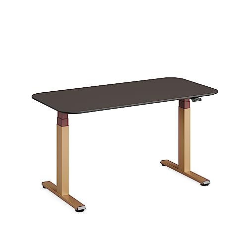 Steelcase Solo Elektromotorisch höhenverstellbarer Homeoffice-Schreibtisch, programmierbares Bedienpaneel, Antikollisionssensor, Kabelnetz, Tischplatte aus Linoleum Mauve, Gestell Messing Matt/Merlot von Steelcase