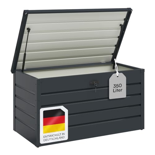 STEELSØN Auflagenbox Dorado für den Garten wasserdicht, Aufbewahrungsbox Garten 350 L mit klappbaren Deckel, Gartenbox aus Metall verzinkt Anthrazit von STEELSØN