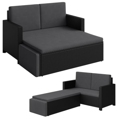 STEELSØN Gartenbank Elnath 2in1 Polyrattan, Gartensofa für 2 Personen mit Liegefunktion, Balkonmöbel mit Hocker 2er Sofa mit Polster wetterfest, Terrassenmöbel in schwarz/anthrazit 73x65x130 cm HxTxB von STEELSØN