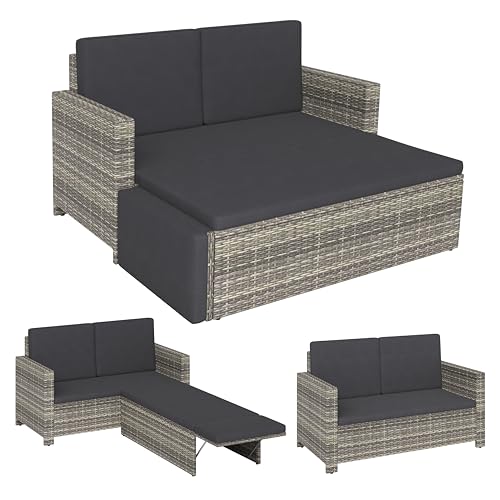 STEELSØN Gartenbank Elnath aus Polyrattan, Gartensofa für 2 Personen mit Liegefunktion und Hocker 2er Sofa mit Polster wetterfest, Terrassenmöbel in grau-meliert/anthrazit 73x65x130 cm (HxTxB) von STEELSØN